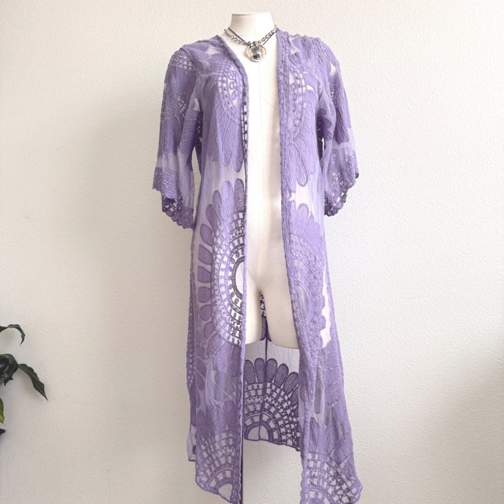 Rebellion Again Purple Lace Medallion Kimono Cardigan Duster Women Medium Boho